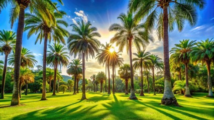 Crisp, sun-drenched palms define a vibrant tropical landscape, sharply focused in a high-DOF photograph.