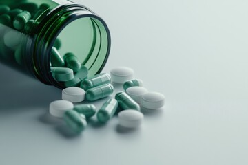 Pill Spill: A close-up shot of spilled green capsules and white tablets spilling from an overturned green bottle, highlighting the fragility and potential danger of medication.  