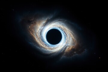 A captivating cosmic phenomenon showcases a black hole at the center, with shimmering galaxy structures spiraling around in vast space.