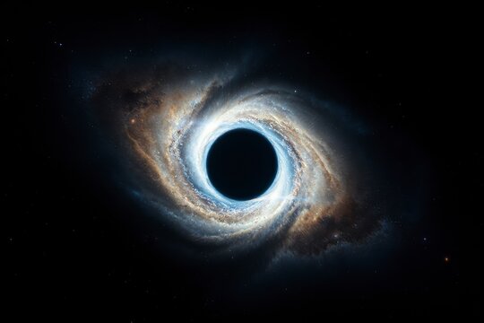 A captivating cosmic phenomenon showcases a black hole at the center, with shimmering galaxy structures spiraling around in vast space.