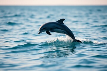 Fototapeta premium A dolphin performs a stunning leap from the clear blue ocean waters on a sunny day, showcasing its agility and playful spirit.
