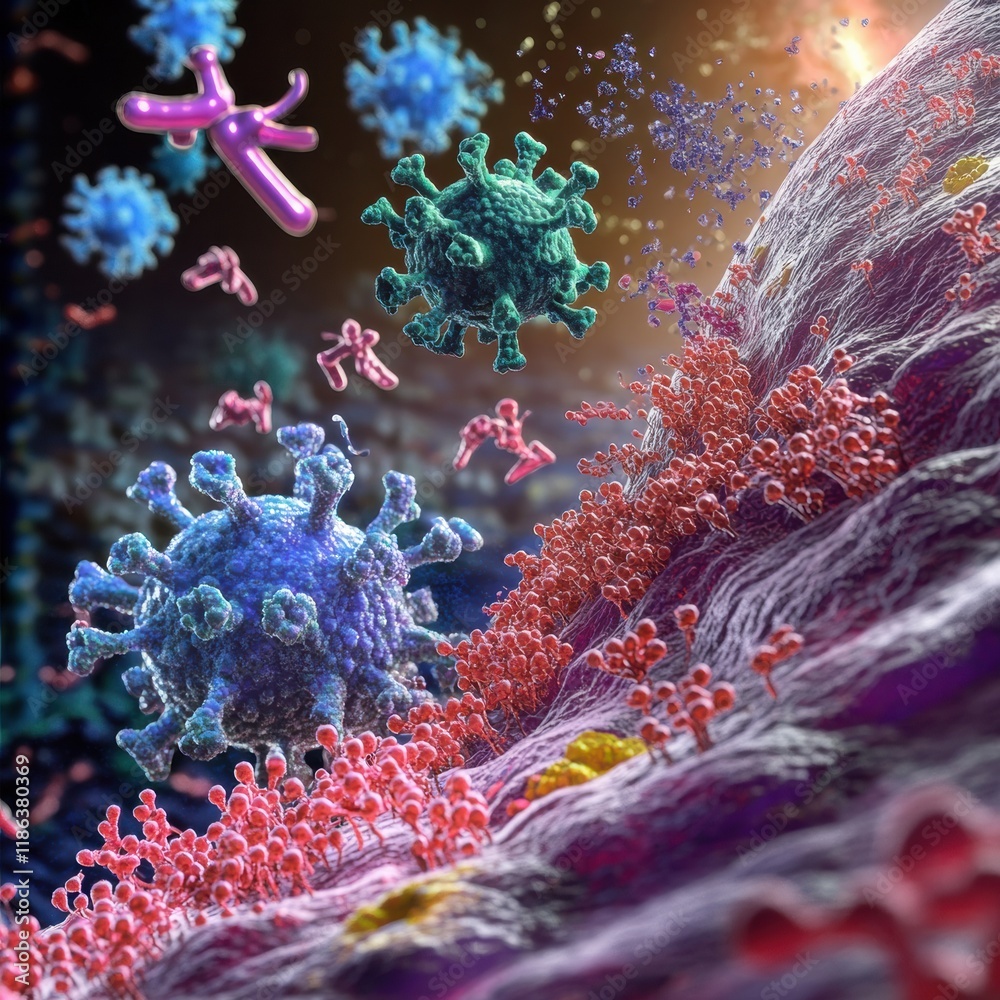 Leinwandbilder antibodies actively engaging with viruses in a dynamic cellular environment. generative ai