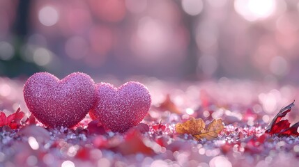 Two sparkling pink hearts are nestled among vibrant autumn leaves, creating a romantic and enchanting scene.