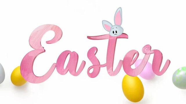 The word "Easter" in soft pink watercolor script with a cute bunny face incorporated into the design, surrounded by pastel and golden Easter eggs on a clean white background.