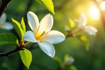 Fototapeta premium A vanilla flower on a tree branch with the sun shining through its petals, foliage, branch