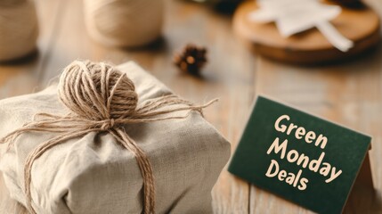 Fototapeta premium Green Monday Deals: A beautifully wrapped gift tied with twine and a 