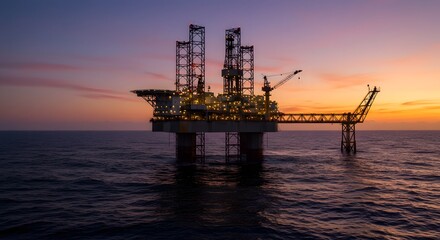 Obraz premium An offshore oil rig illuminated against a twilight sky with waves crashing below. Oil and Gas