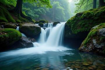 Fototapeta premium A waterfall cascading over moss-covered rocks in a serene misty environment, water, serene