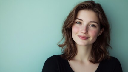 Fototapeta premium Radiant Smile: A close-up portrait of a beautiful young woman with captivating brown eyes, showcasing a genuine and radiant smile. Her natural beauty and positive energy shine through.