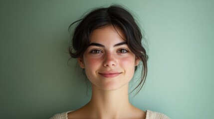 Fototapeta premium Radiant Smile, Confident Gaze: A young woman with a warm and genuine smile, her dark hair framing her expressive eyes, looks directly at the camera with a confident and welcoming demeanor.