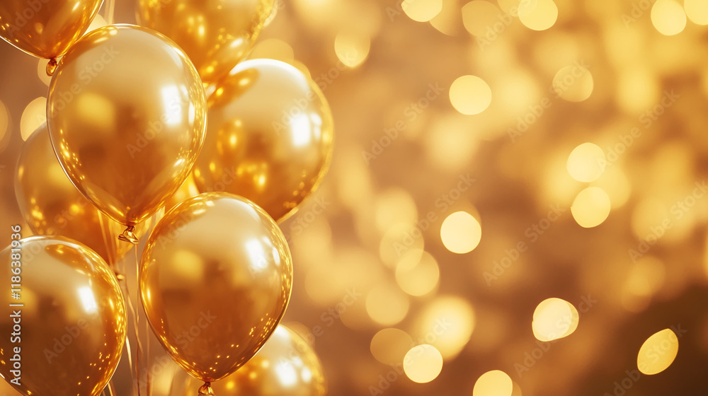 Poster shiny golden balloons with a glowing bokeh light background