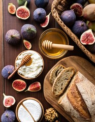 Preparing delicious breakfast with figs, bread, cheese, honey and nuts