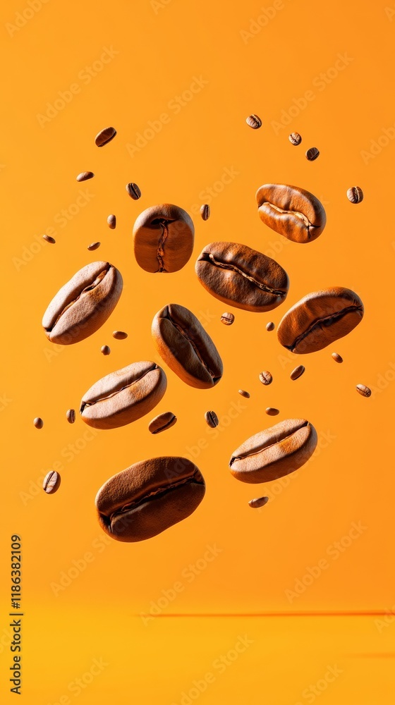 Aufkleber numerous roasted coffee beans and smaller fragments are suspended in mid air against a striking oran
