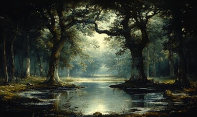 Serene forest pond, sunlight through trees.