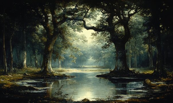 Serene forest pond, sunlight through trees.