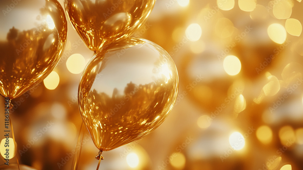 Poster golden balloons with reflective surfaces and glowing bokeh effect