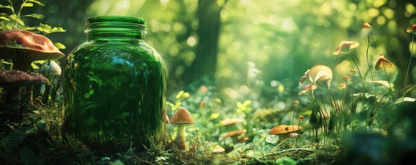 green jar surrounded by mushrooms, forest, nature, organic A green jar sits amidst a lush, natural setting with various mushrooms and greenery, conveying a theme of herbal