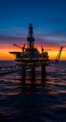 Obraz premium An offshore oil rig illuminated against a twilight sky with waves crashing below. Oil and Gas