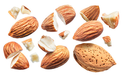 Almond nuts and and cracked almond pieces levitating in air on white background. File contains clipping paths.