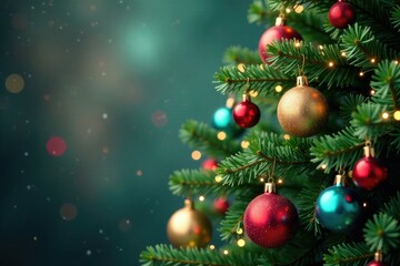 Naklejka premium Christmas tree branch with colorful ornaments and garland, colorful ornaments, twinkling, mistletoe