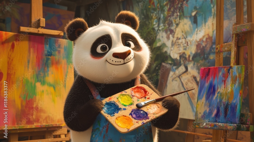 Leinwandbilder Panda creates colorful artwork with paintbrush and palette in a vibrant studio setting. Generative AI