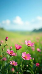 Obraz premium Colorful pink flowers blooming in a lush green meadow on a clear blue sky, meadow, flowers