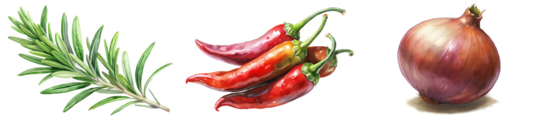 Fresh herbs and vegetables, vibrant chili peppers, organic onion, culinary ingredients, watercolor illustration, food art.