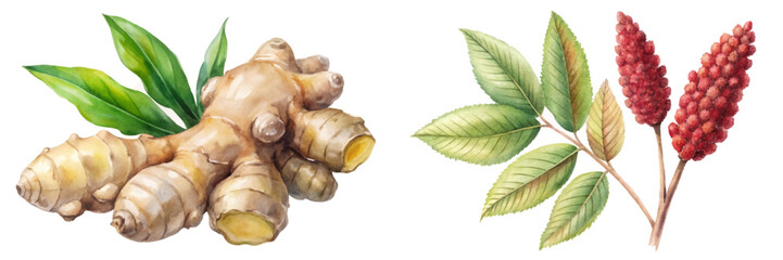 Fresh ginger root, vibrant green leaves, botanical illustration, natural ingredients, culinary use, herbal remedies.