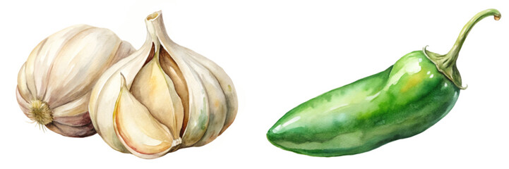Fresh garlic bulbs, vibrant jalapeno pepper, watercolor illustration, organic vegetables, culinary ingredients, healthy cooking.