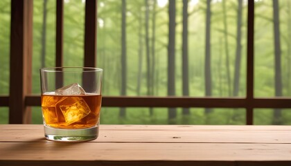 Rustic Wooden Table with Scotch Glass and Forest View
