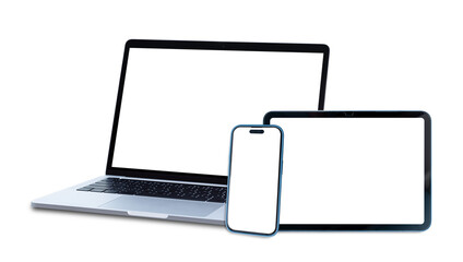 Set of smart devices smartphone, tablet and laptop with blank screen isolated on transparent background, PNG Format
