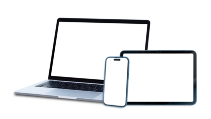 Set of smart devices smartphone, tablet and laptop with blank screen isolated on transparent background, PNG Format
