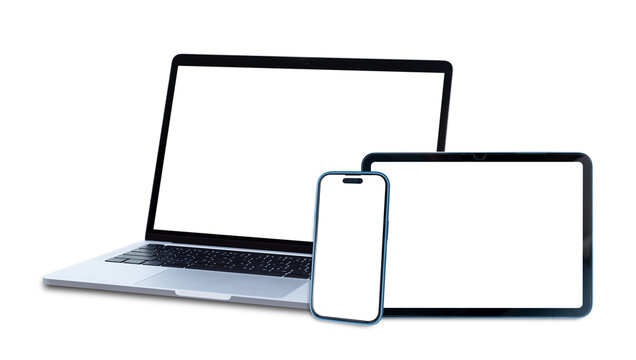 Set of smart devices smartphone, tablet and laptop with blank screen isolated on transparent background, PNG Format