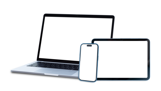 Set of smart devices smartphone, tablet and laptop with blank screen isolated on transparent background, PNG Format