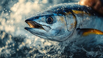 Large tuna emerges from ocean spray.