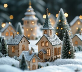 Fototapeta premium Christmas Village on a Snowy Shelf Table Christmas Decoration