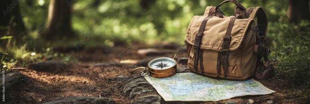 Poster Explore nature with a backpack, map, and compass in a tranquil forest setting for an adventurous day. Generative AI