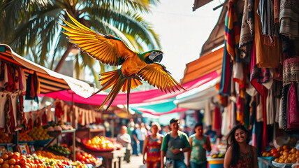 Fototapeta premium A Parrot's Flight Through the Market