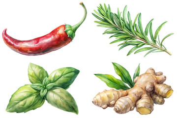 Fresh herbs and spices, vibrant watercolor illustrations, culinary ingredients, natural food art, organic cooking elements.