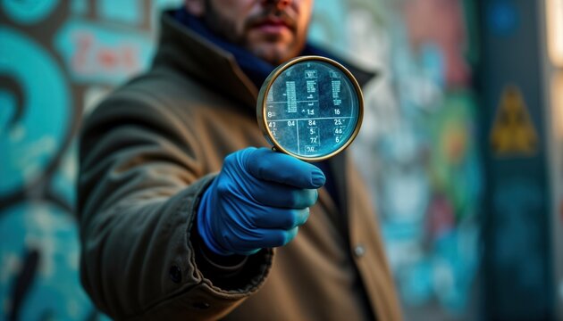 Person examines data through magnifying glass. Investigation of corporate misconduct takes place outdoors. Focus on unfair advantage, market dominance issues. Antitrust probe under legal scrutiny.