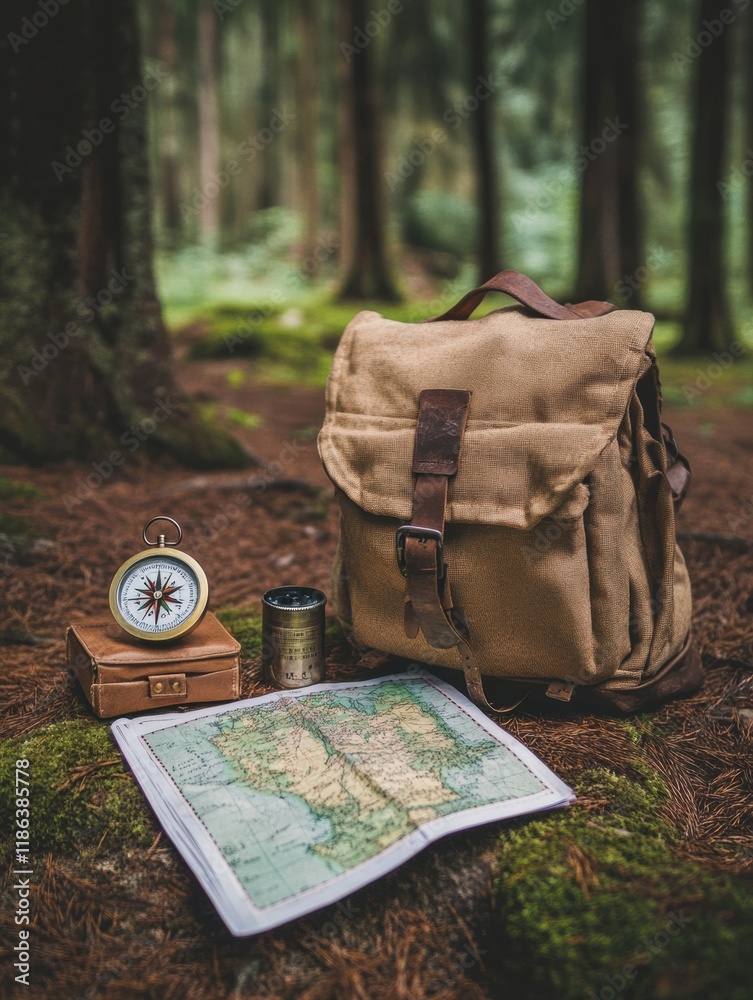 Aufkleber explore nature with a backpack, compass, and map resting on mossy ground in a lush forest setting. g