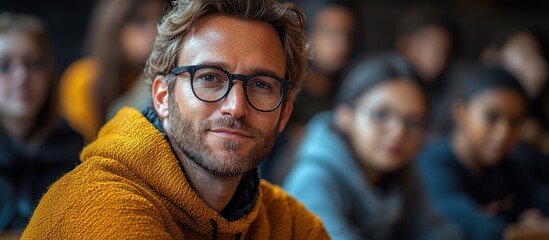 A young man in an orange sweater engages with students.