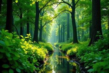 Naklejka premium Dense foliage of trees and bushes with a narrow marsh path, bush, land, greenery