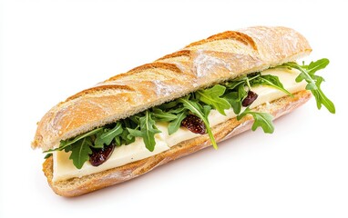 A crunchy baguette sandwich filled with brie cheese, arugula, and fig jam, hovering on a clean white background