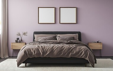 Lavender bedroom interior, modern bed, two frames, nightstands. Home decor, interior design
