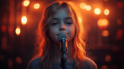 A 7-year-old girl sings into a microphone.