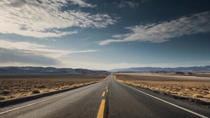 A long, empty road stretching through a barren, hilly landscape under a cloudy sky.