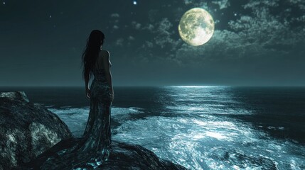 A serene selkie standing by a moonlit shoreline, her seal pelt draped over her shoulders as the waves lap gently at the rocks beneath her feet, illuminated by the silvery glow.