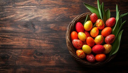 A rustic basket overflowing with decorated Easter eggs and a cluster of yellow tulips, seen from above