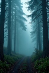 Obraz premium Fog creates a mystical ambiance in a secluded and mysterious forest, natural scenery, eerie mood, fog